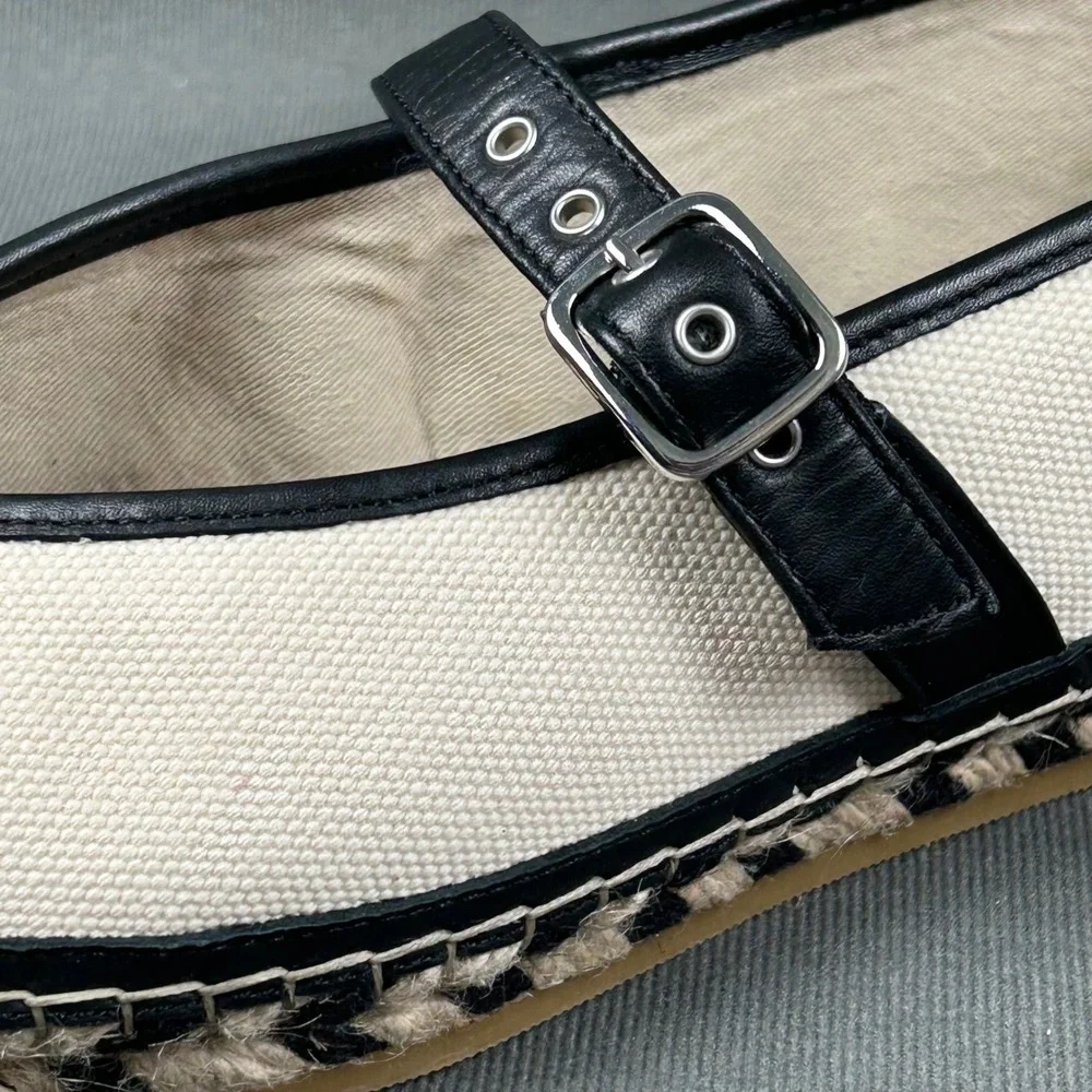 Madewell Remy Canvas Mary Jane Jute Espadrille Flats Cream Black Size 9.5